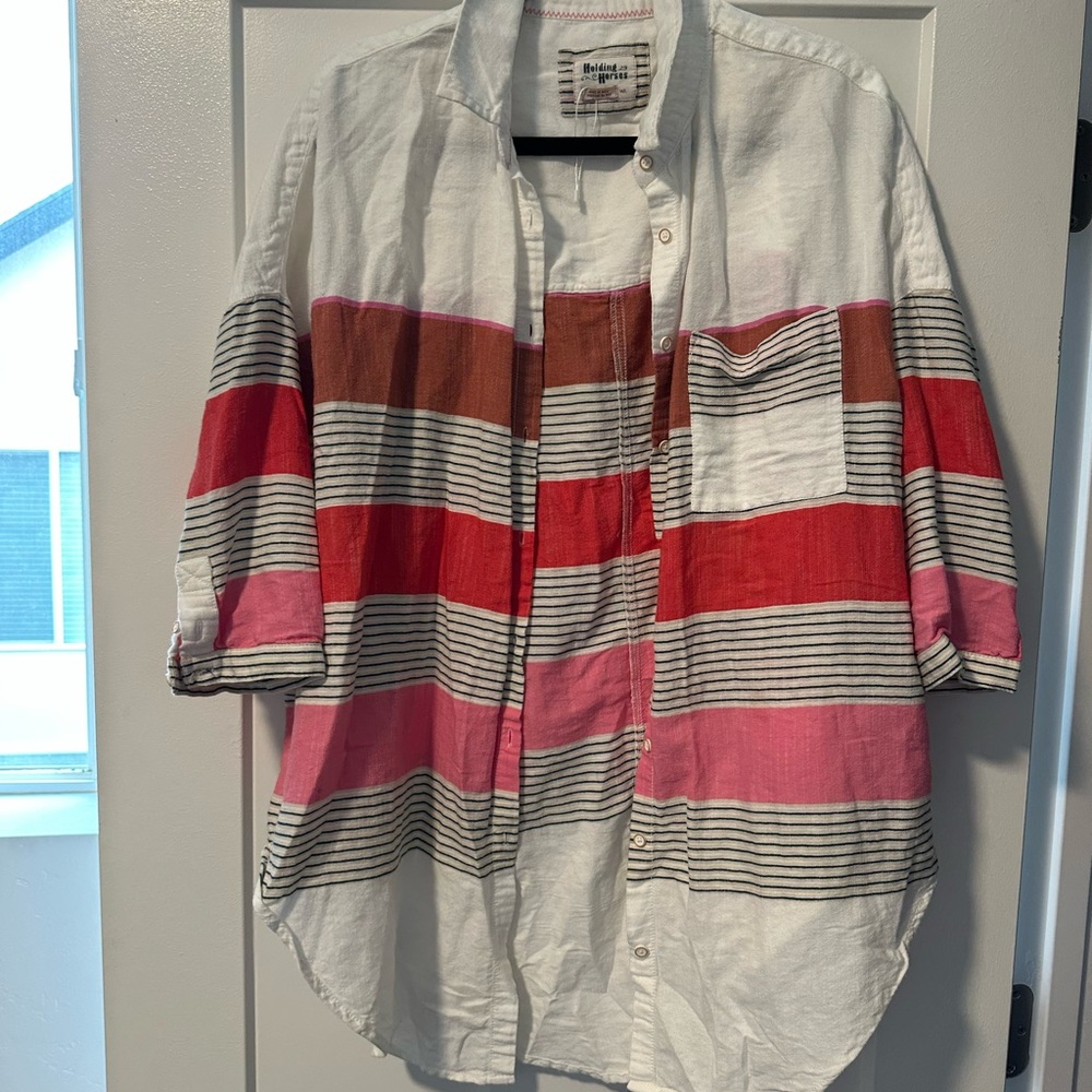 HOLDING HORSES Red and Pink Striped Men's Shirt